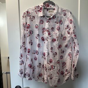 Express Boyfriend Portofino Blouse Button Front Red White‎ Blue Floral Lyocell L